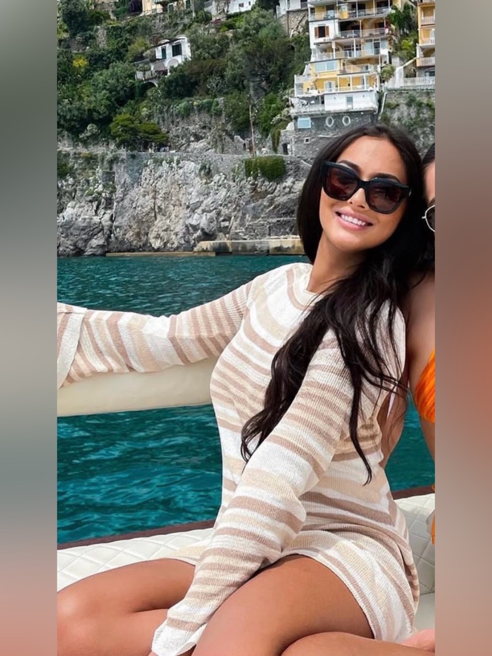 Meshki Striped Beige & Cream Long Sleeve Knit Dress